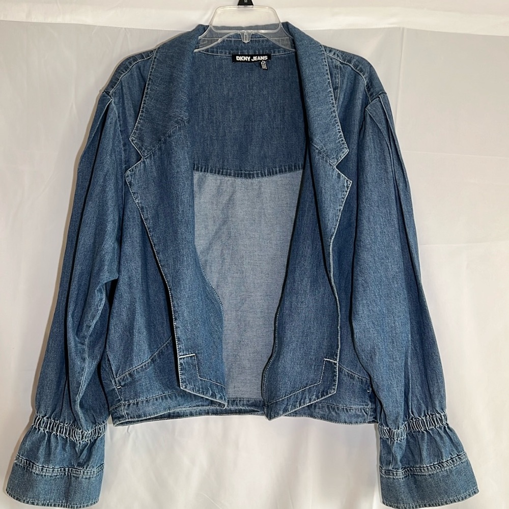 DKNY women’s jean blazer blue with ruffles sleeves 100% cotton